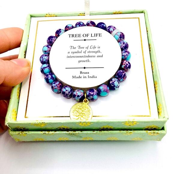 Shivam Tree of Life Purple Beaded Brass Bracelet - Picture 7 of 9